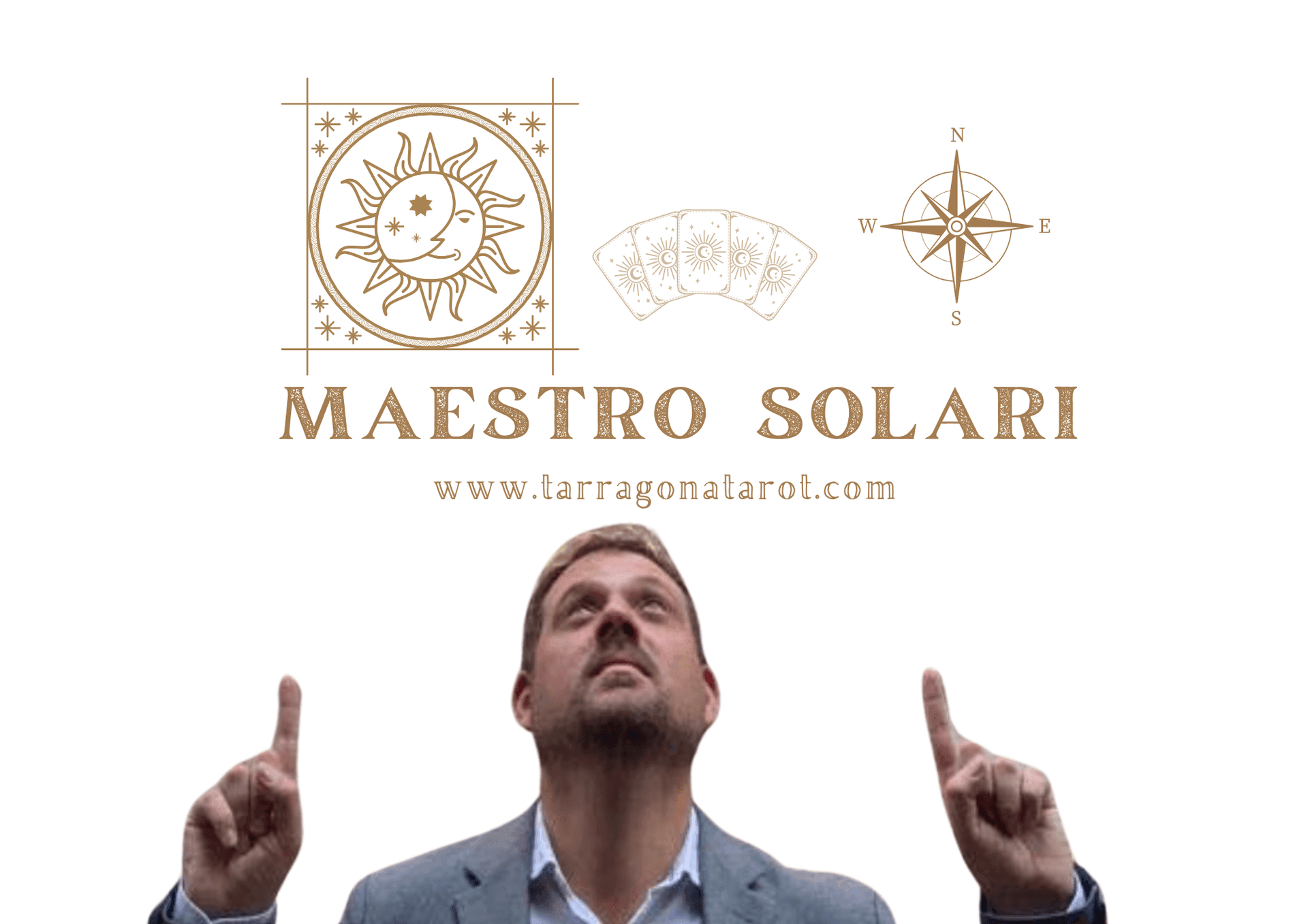Person pointing upward below a tarot logo with sun, cards, and compass.