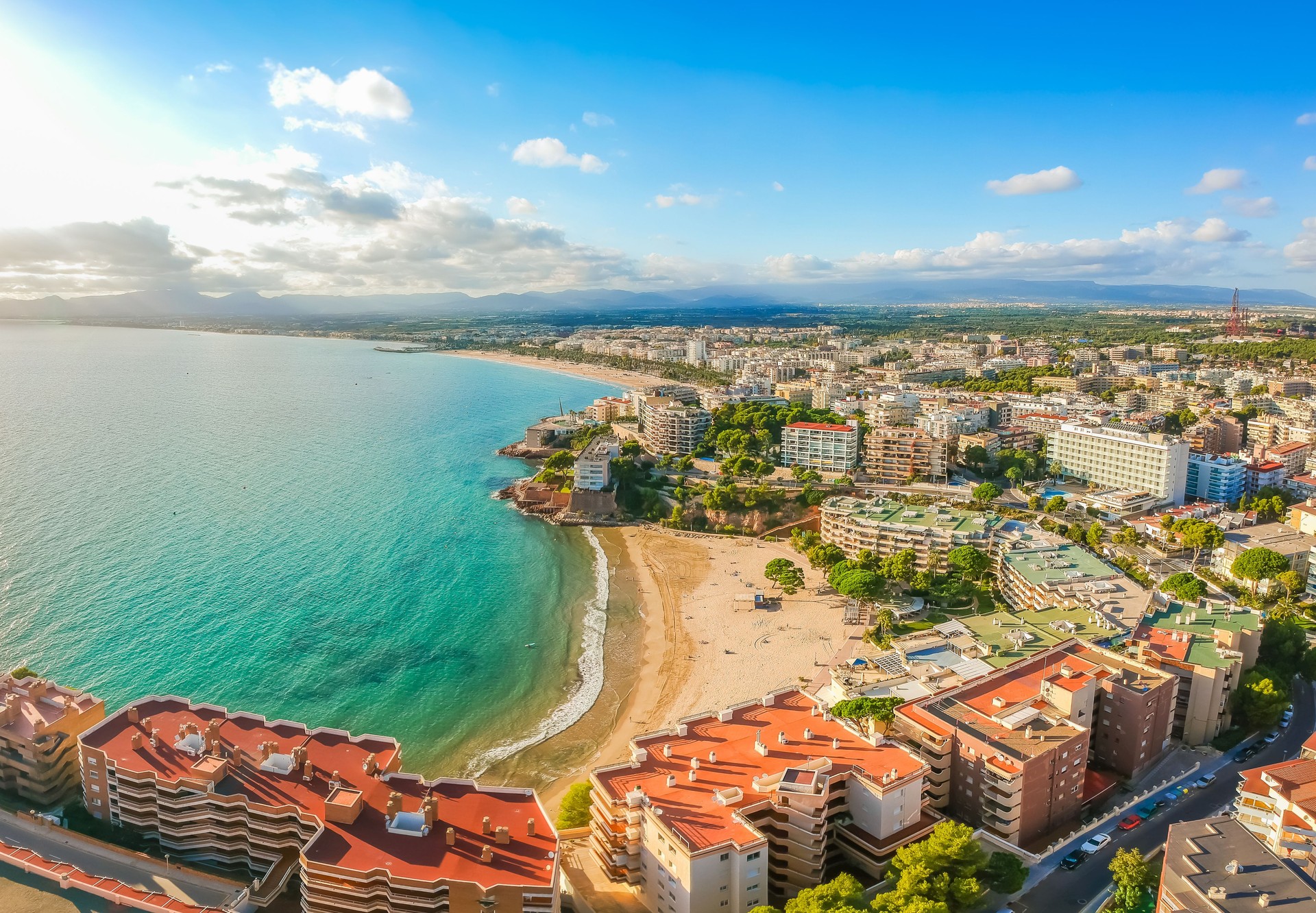 Beach and cityscape Salou, Spain, Europe. Tourist city on Costa Dorada