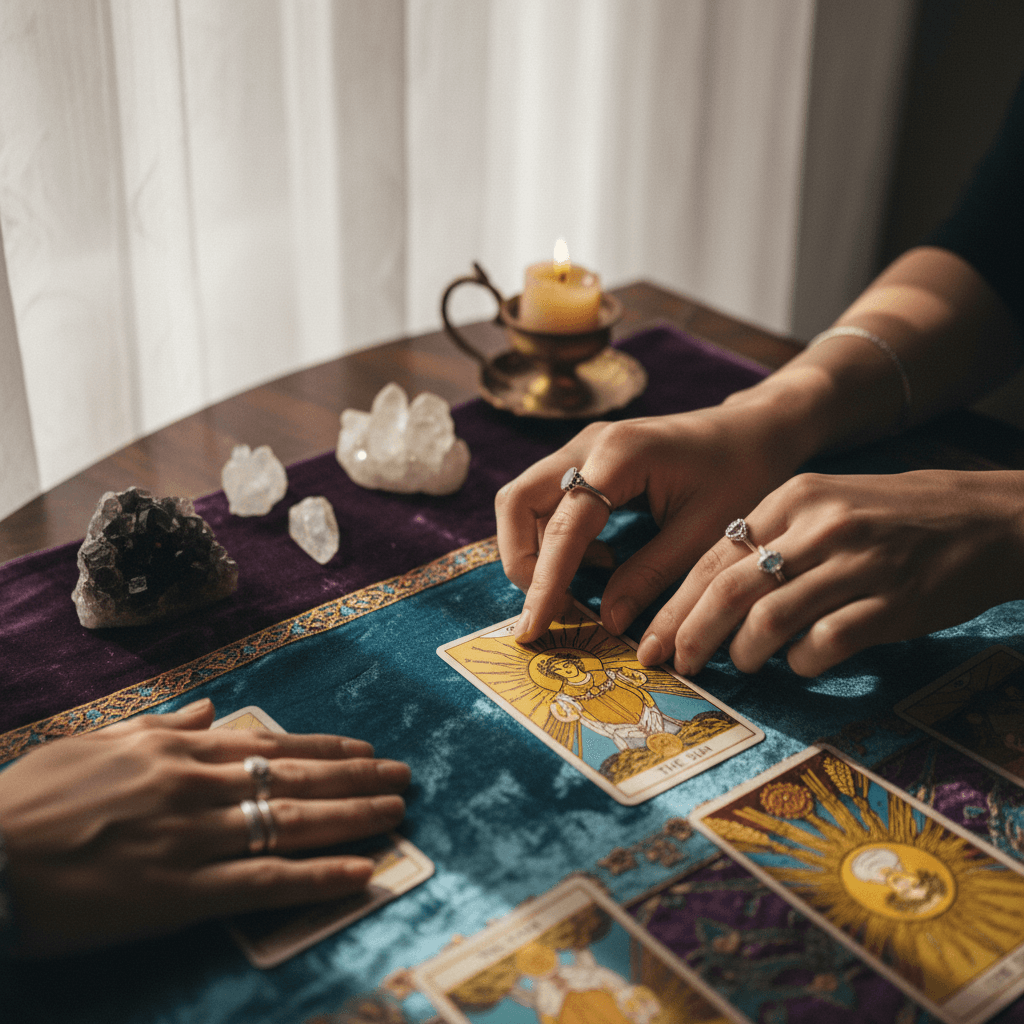 Spiritual practitioner's hands placing ornate tarot card on velvet surface during intimate consultation with soft candlelit background Spiritual practitioner's hands placing ornate tarot card on velvet surface during intimate consultation with soft candlelit background